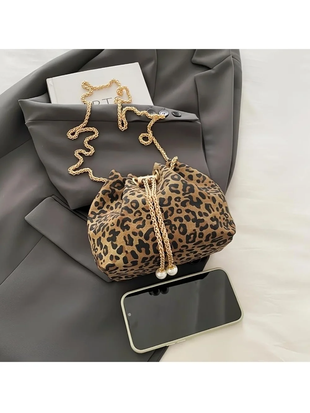 Leopard Print Drawstring Bucket Bag with Gold Chain